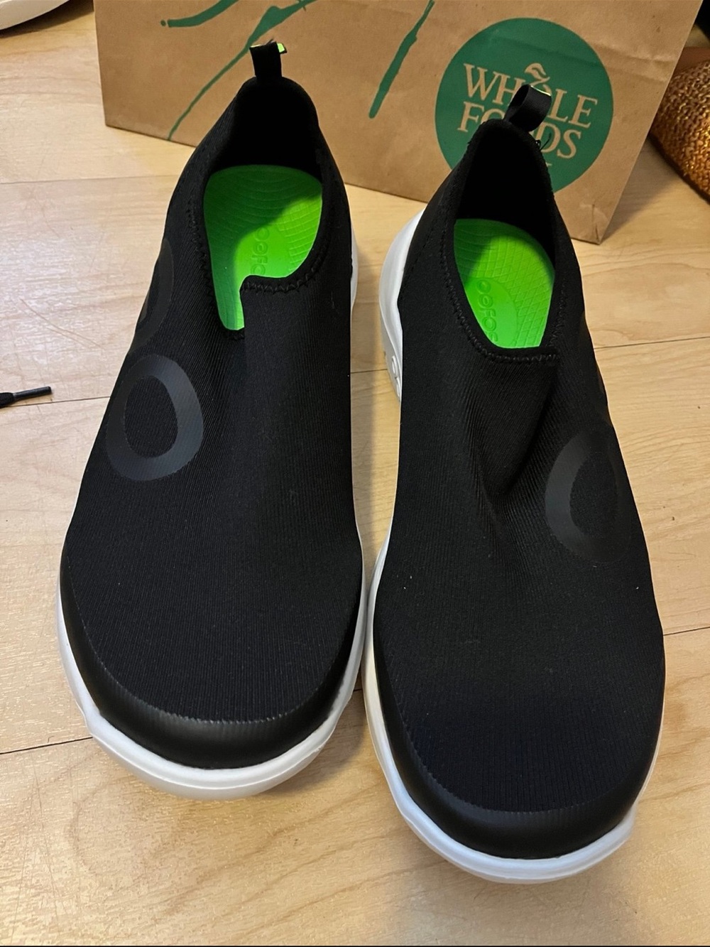 OOFOS Black Slip-On Athletic Shoes with Lime Green Insole